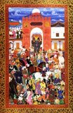 This painting was taken from a Muraqqa from Agra. A Muraqqa is an album of artwork which predominated in the 16th century in the Safavid, Mughal and Ottoman empires. The Muraqqa album consists of compilations of various fine arts, including Islamic calligraphy, Ottoman miniatures, paintings, drawings, ghazals and Persian poetry. This magnificent painting shows the emperor passing the coronation parade while one of his courtiers scatters gold coins to the crowd. Also depicted are musicians, trumpeters, mahouts on elephants, wrestlers, a poet, bodyguards, foreign envoys, falconers, soldiers, dancing girls, a peacock and much festivity.