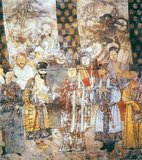 In mid Imperial China, characters in theatrical performances wore elaborate costumes and stereotyped facial makeup, shown here in a large Yuan Dynasty (1279-1368 AD) mural in a hall of the Guangsheng temple in Hongtong, Shanxi province.